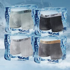 Coupon 4pcs Men’s Boxers Ice Silk Mesh Boxers Shorts Comfortable U Convex Pouch Underwear Loose Breathable Boxers Underpants Male Panties
