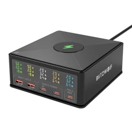 Coupon BlitzWolf 868H 160W 5 Port USB PD Desktop Charger Dual USB A QC3.0+Dual PD65W Type C+65W Type C PD3.0 with 15W 10W 7.5W 5W Wireless Fast Charger for iPhone 14 14 Pro Max for Samsung Galaxy Z Fold 4 S22 Ultra
