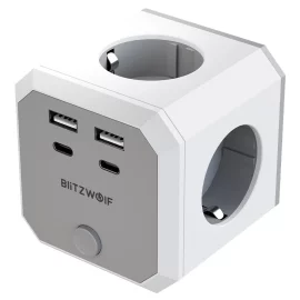 Coupon BlitzWolf BW-EC2 8-in-1 Wall Cube Socket EU Plug Power Outlet Extender 4000W with Switch 4 AC Outlets / 2 USB-A / 2 USB-C for Home Bedroom Travel