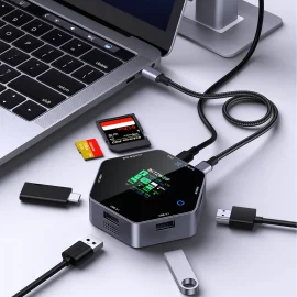 Coupon BlitzWolf BW-TH16 8 in 1 USB Hub LCD Smart Display Type-c Docking Station with USB3.1 Type-C 3.1 HD 4K@60Hz SD/TF Card Slots 100W PD Power Delivery