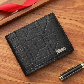 Coupon Men Bifold Wallet Fashion Soft PU Leather Money Clip Multicard Slot Card Holder Thin Purse Simple Checked Short Wallet