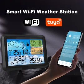 Coupon Tuya Wi-Fi Weather Clock Indoor and Outdoor Temperature and Hygrometer Wireless Multi-function Weather Station