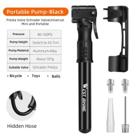 Coupon WEST BIKING 100PSI Mini Bicycle Air Pump Portable Hand Pump Hose MTB Mountain Road Universal Schrader Presta Valve Waterproof Tire Inflator for Ball Cycling