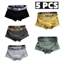 Coupon 5pcs Men’s Simple Cotton Boxer Briefs with Letter Print Waistband Large Size Comfy Breathable Solid Color Boxer Underwear Underpants