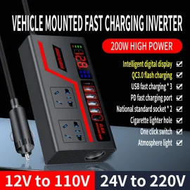 Coupon Car Inverter 12V to 110V 24V to 220V Multi functional 200W Car Truck Converter Intelligent Digital Display Car Charging Socket