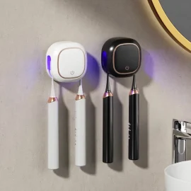 Coupon Smart Toothbrush Sterilizer Electric Ultraviolet Sterilization Box Heat Drying Wall Mounted Bathroom Double Toothbrush Storage Rack
