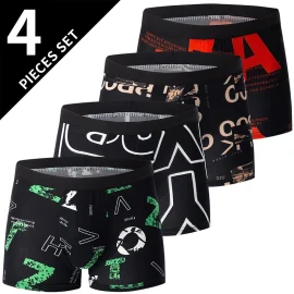 Coupon 4pcs Men’s Boxer Briefs Fashion Printed Underwear Comfortable Breathable Casual Shortie Panties