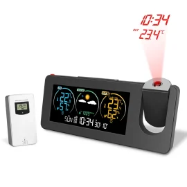 Coupon AGSIVO Weather Station Projection Alarm Clock Wireless Indoor Outdoor Thermometer with Atomic Clock and Rotating Projector Forecast Station with Calendar