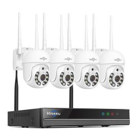 Coupon Hiseeu 3MP WiFi Camera Set Wireless PTZ Cam Auto Tracking Motion Detection Two way Audio Night Vision IP66 Waterproof Record Playback CCTV Security Camera System EU Plug
