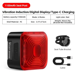 Coupon WEST BIKING Smart Brake Sensing Bicycle Taillight LED Digital Power Display Auto-stop Type-C 1100mAh Long Endurance Portable Bike Back Light for MTB Bike Road Bike Scooter