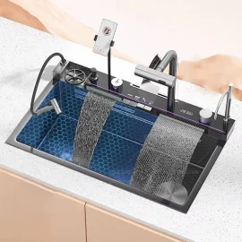 Coupon 80x46cm Kitchen Double Waterfall Sink Integrated Cold Hot Water Faucet Digital Display 304 Stainless Steel Scratch Resistant Embossed Single Slot Sink With Smartphone Holder