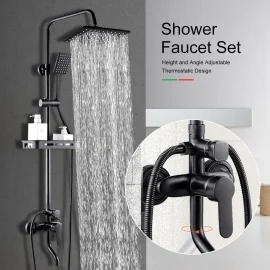 Coupon BVSOIVIA 3 IN 1 Bathroom Shower Faucet Rainfall Shower Set Matte Black Wall Mount Bathtub Shower Mixer Tap Shower System with Shelf