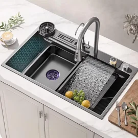 Coupon Professional Kitchen Sink Nano Waterfall Sink Pull Out Tap Stainless Steel Sink with Mounting Holes Single Bowl Draining Board