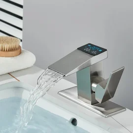 Coupon Smart LED Digital Display Basin Sink Faucet for Hot Cold Water Temperature LED Washbasin Waterfall Taps Bathroom Deck Mixers