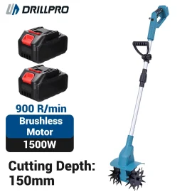 Coupon Drillpro Electric Cultivator 21V 1500W Brushless Motor 150mm Blade Diameter 150mm Cutting Depth 200mm Width 2 Batteries Handheld Garden Tool Soil Tilling Machine