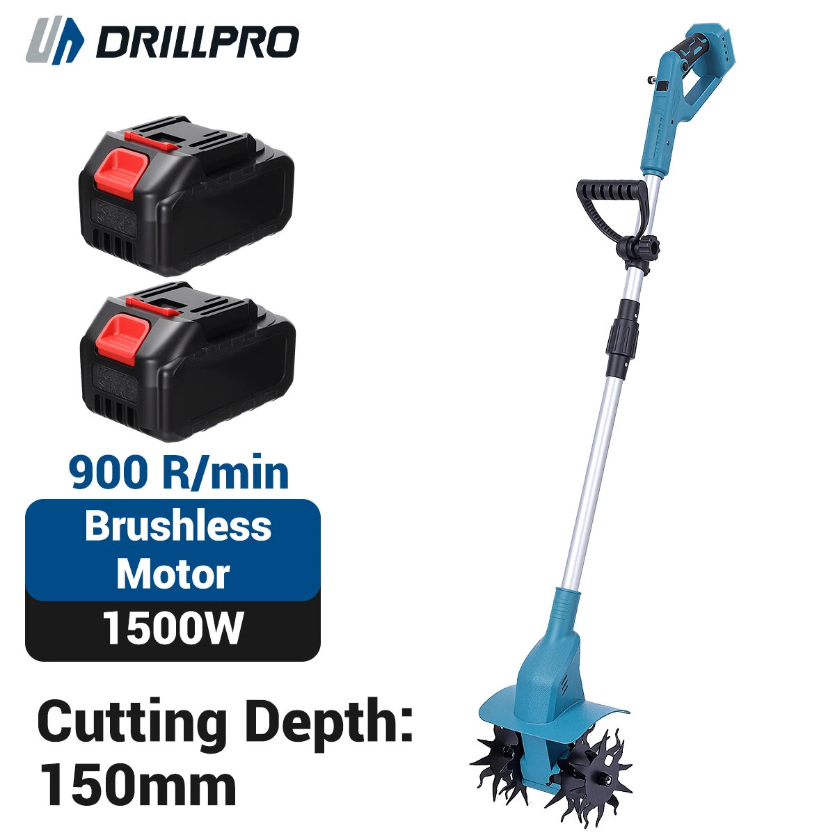 Coupon Drillpro Electric Cultivator 21V 1500W Brushless Motor 150mm Blade Diameter 150mm Cutting Depth 200mm Width 2 Batteries Handheld Garden Tool Soil Tilling Machine