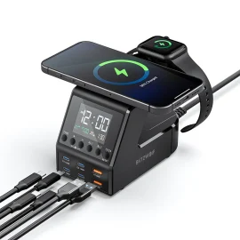 Coupon GaNBlitzwolf BW FW10 240W 10 in 1 Wireless Alarm Clock Charger 2USB A+4USB C PD3.13.0 QC4.03.02.0 PPS AFC SCP FCP Fast Charging Desktop Charging Station with Time Display and 2 Alarm Clocks EU Plug for iPhone 16 for Samsung for iPad for Apple Watch