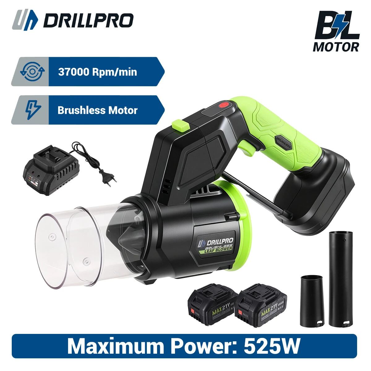 Coupon Drillpro 18V Brushless Motor Garden Blower with Rotating Head 525W 4 Speed Settings 50 m/s 37000 RPM Compatible with 18V Power Tool Batteries Lightweight and Portable Dust Removal Machine – with 2 Batteries