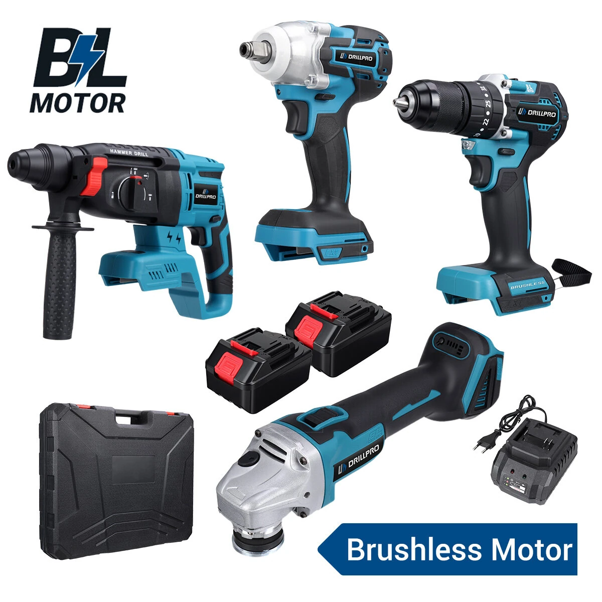 Coupon Drillpro 4pcs Power Tool Set Wrench Angle Grinder Hammer Drill Brushless Motor Come With 2 Batteries & 1 Charger